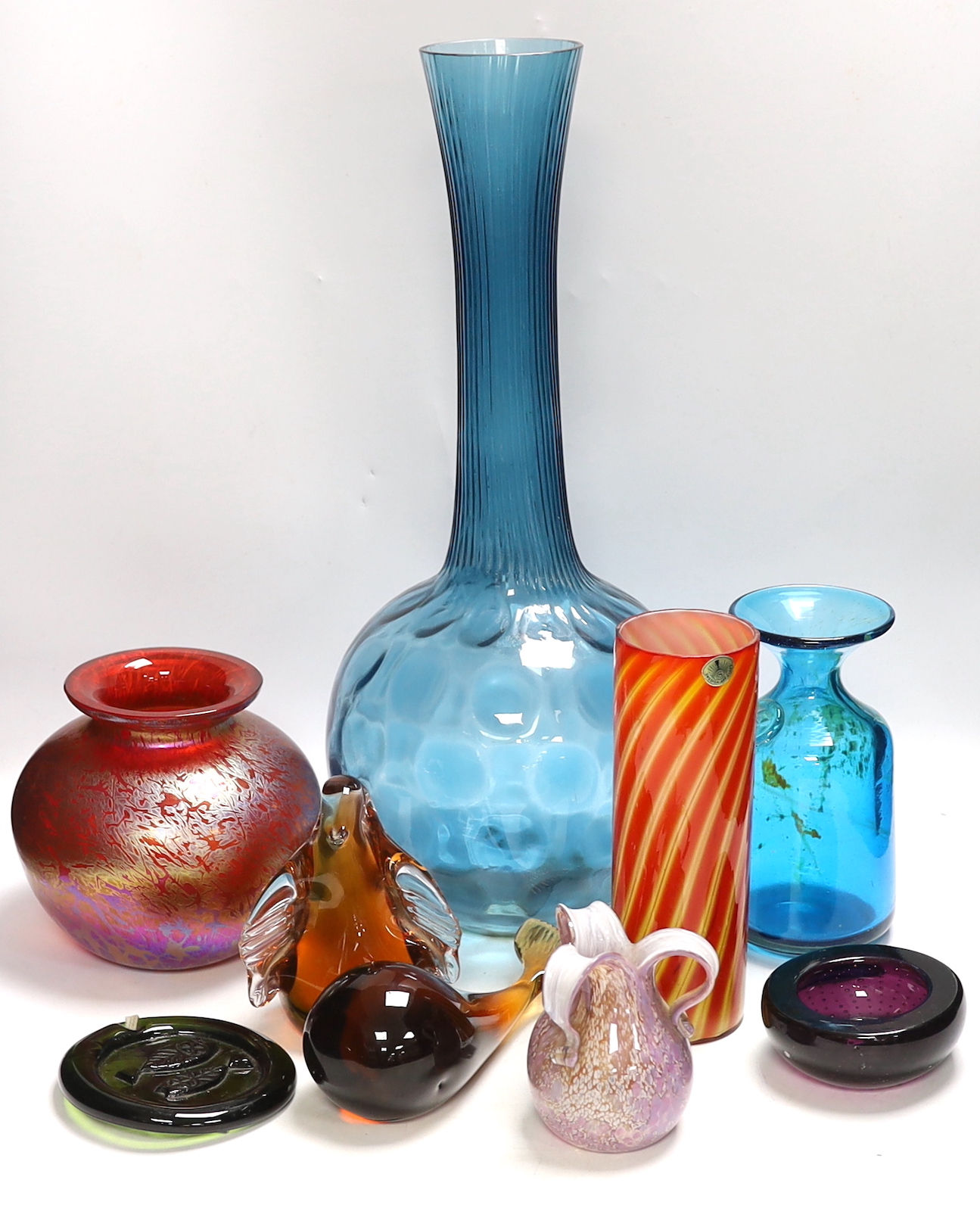 Nine pieces of art glassware including Royal Brierley vase and Wedgwood paperweight, largest 49cm high